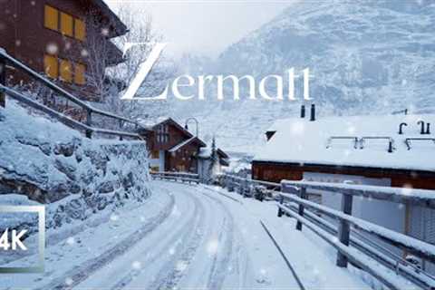 Snowfall in Zermatt Switzerland and Mattervispa, Winter Snow Walk and City Sounds