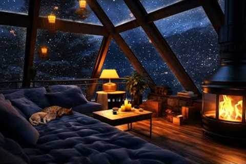 Winter Night with Wind, Snow, Crackling Fire &amp; Sleeping Cats - Cozy Winter Ambience