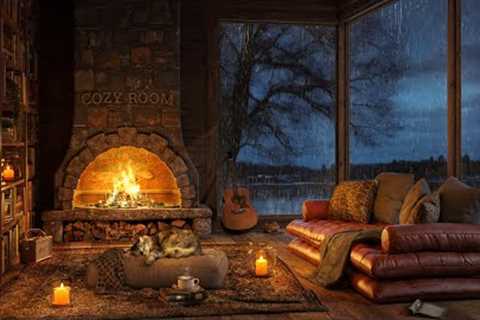 Cozy Room Lakeside with Relaxing Jazz 🌧️ Heavy Rain, Fireplace Sounds, White Noise, ASMR Sleep 4K