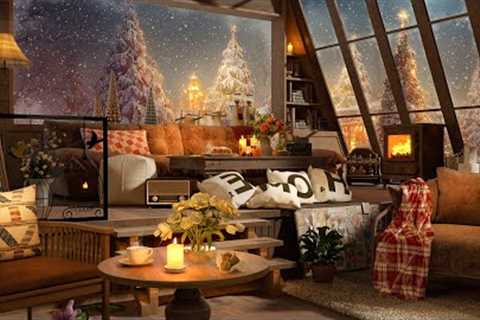 Snow Night Jazz with Winter Coffee Shop Ambience 4K with Relaxing Jazz Music For Sleep, Work, Study