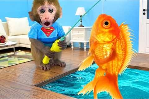 Monkey Baby Bon Bon  goes fishing and bathes with ducklings in the swimming pool